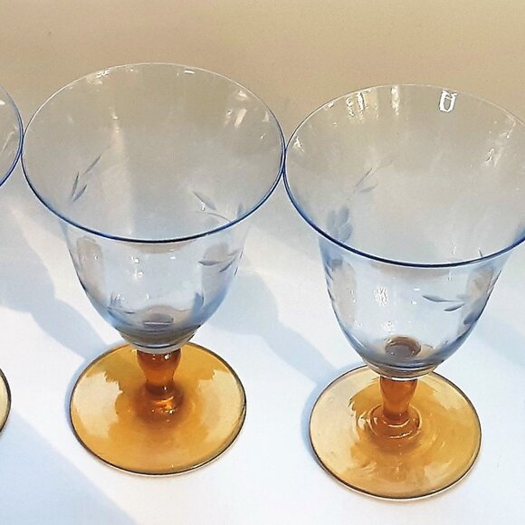 VTG Antique Thin Elegant Glass Azure Blue Goblet Amber Stem Set of 4 Etched Rare - Picture 5 of 14